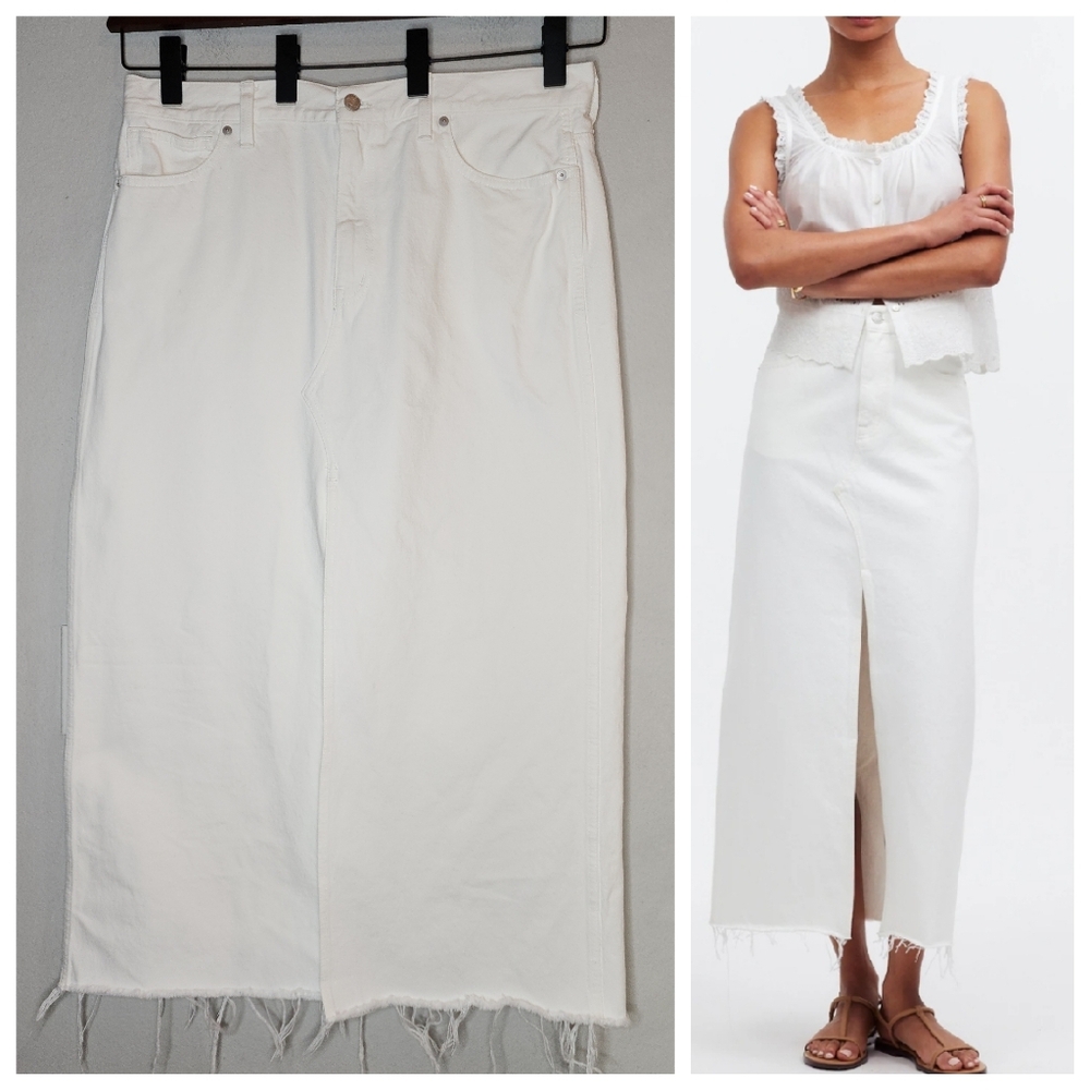 Madewell The Rilee White Denim Midi Skirt Front Slit Womens Size 32 (14)